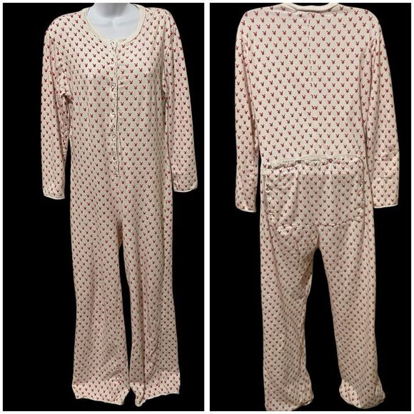 PLAYBOY Other - Vintage YTK Playboy Onesie Pajama With Backside Flap Red Cream Size Medium